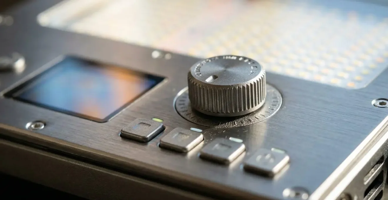 Gros plan rapproché sur les boutons de contrôle et l'écran LCD d'un panneau LED professionnel, montrant les réglages de température couleur et d'intensité