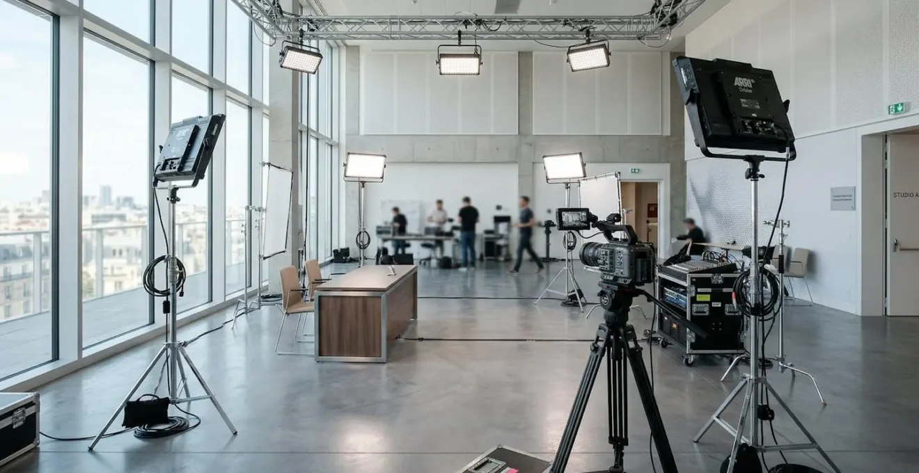 Vue d'ensemble d'un studio de tournage moderne avec plusieurs panneaux LED professionnels installés sur pieds, espace lumineux et organisé sans personne au premier plan