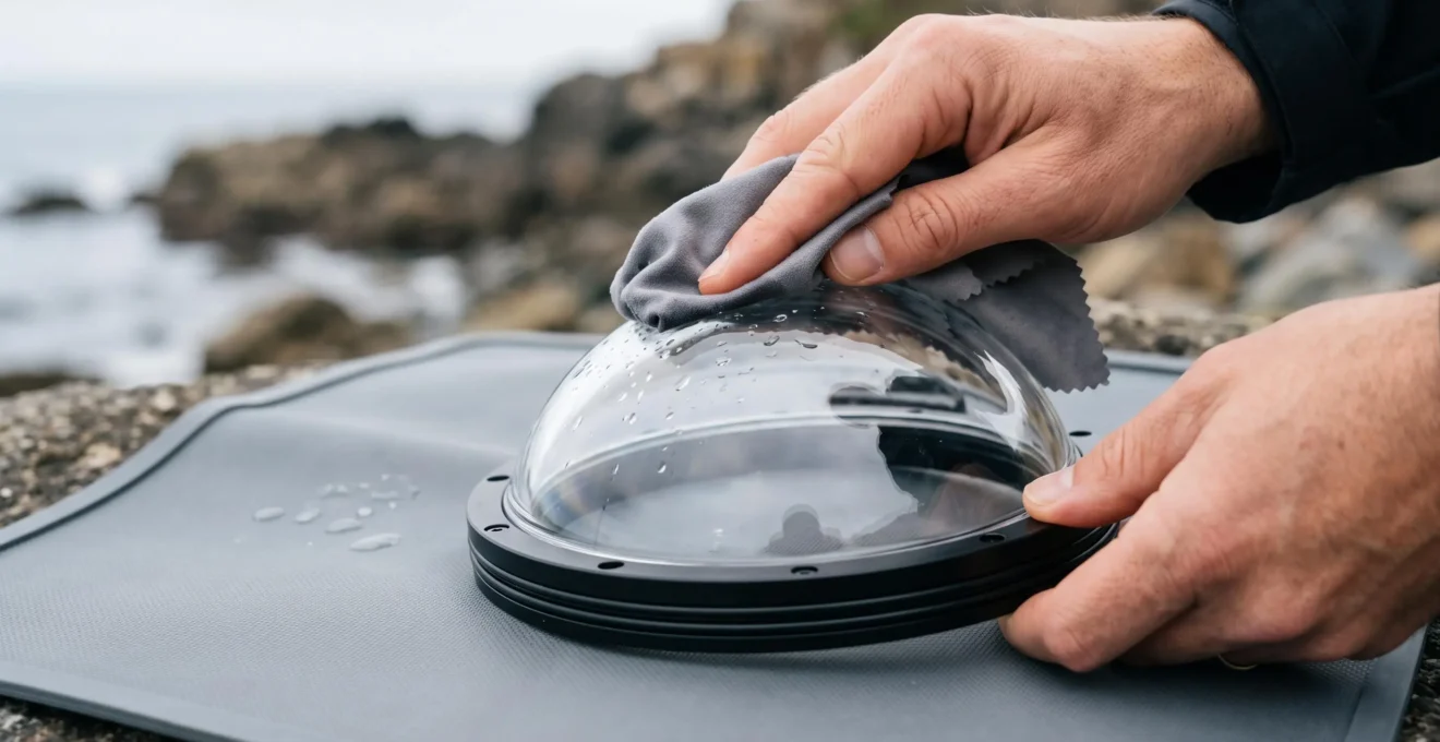 Gros plan sur des mains nettoyant délicatement les gouttes d'eau sur la surface d'un dôme optique transparent en acrylique