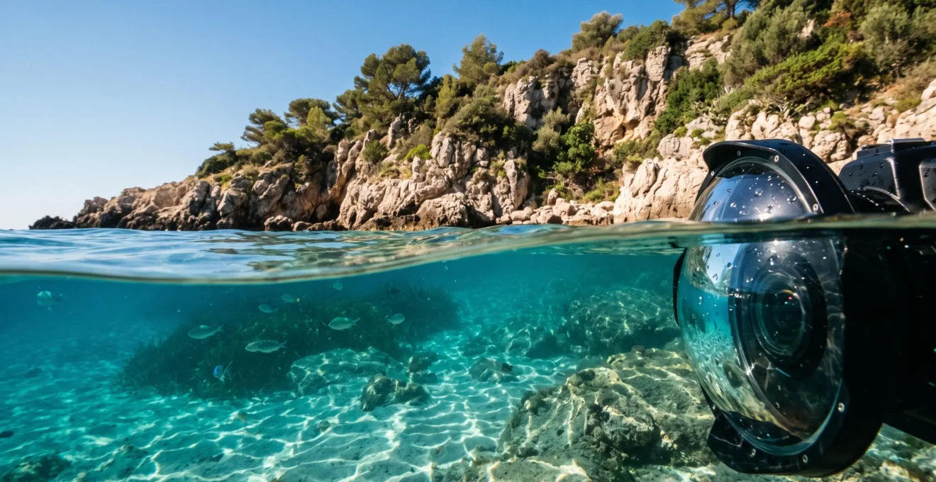 Vue split-shot mi-eau mi-air montrant simultanément la surface rocheuse méditerranéenne et l'environnement sous-marin avec netteté des deux côtés de la ligne de flottaison