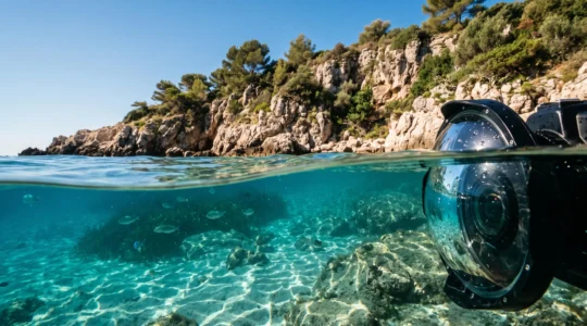 Vue split-shot mi-eau mi-air montrant simultanément la surface rocheuse méditerranéenne et l'environnement sous-marin avec netteté des deux côtés de la ligne de flottaison