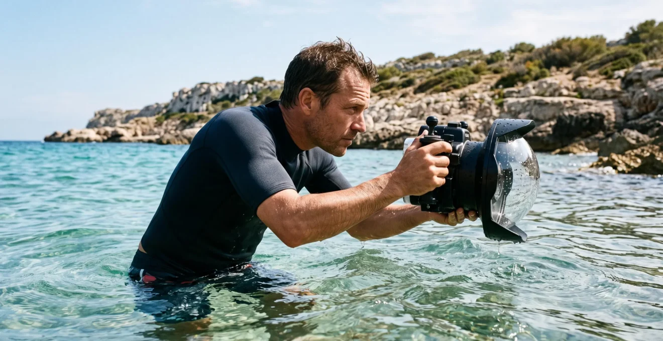 Photographe immergé jusqu'à la taille dans les eaux méditerranéennes tenant un caisson avec dôme optique à la ligne de flottaison pour réaliser une prise de vue split-shot