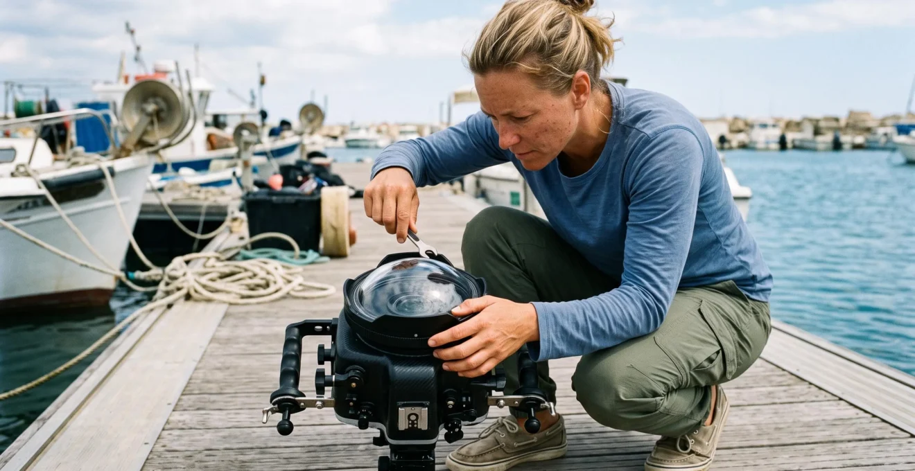 Photographe sous-marin préparant un caisson étanche équipé d'un dôme optique en acrylique sur un ponton en bois